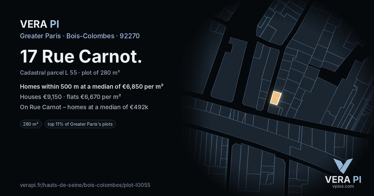 17 Rue Carnot, Bois-Colombes at night – the plot lit, the parcels around coloured by the prices near them