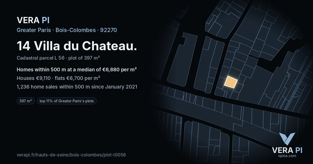 14 Villa du Chateau, Bois-Colombes at night – the plot lit, the parcels around coloured by the prices near them