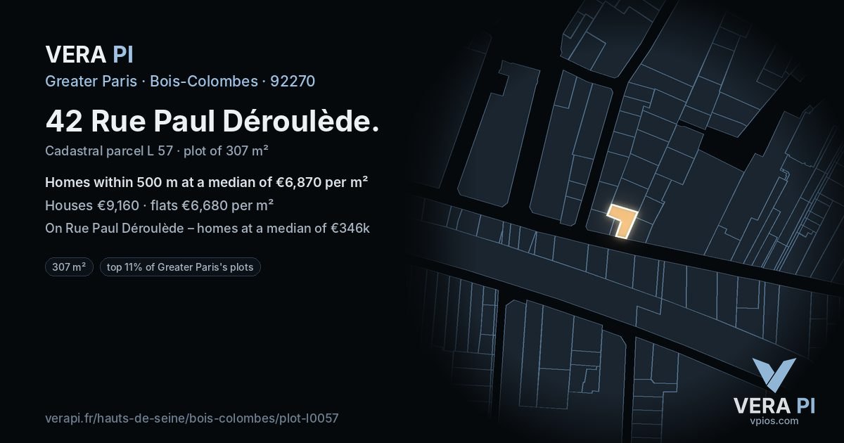 42 Rue Paul Déroulède, Bois-Colombes at night – the plot lit, the parcels around coloured by the prices near them