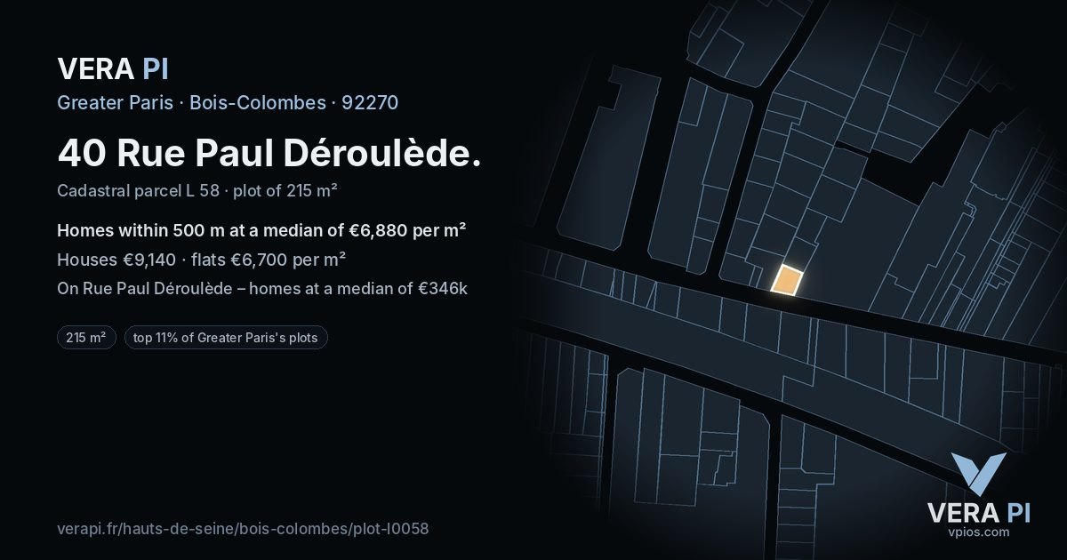 40 Rue Paul Déroulède, Bois-Colombes at night – the plot lit, the parcels around coloured by the prices near them