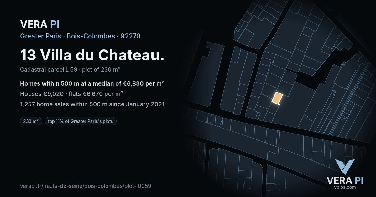 13 Villa du Chateau, Bois-Colombes at night – the plot lit, the parcels around coloured by the prices near them