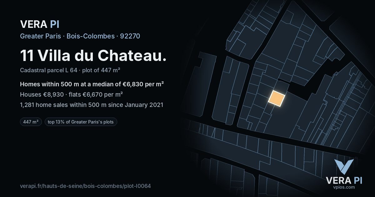 11 Villa du Chateau, Bois-Colombes at night – the plot lit, the parcels around coloured by the prices near them