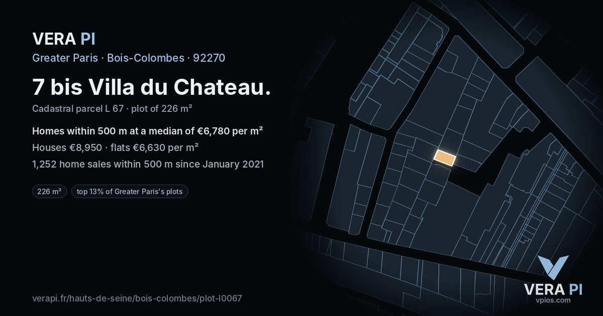7 bis Villa du Chateau, Bois-Colombes at night – the plot lit, the parcels around coloured by the prices near them