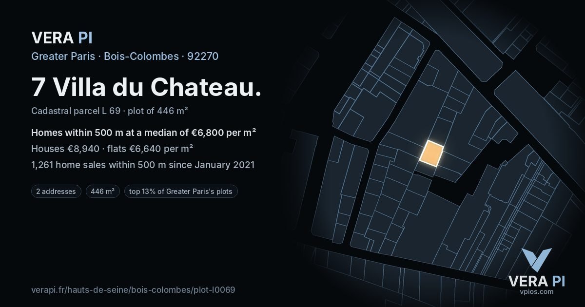 7 Villa du Chateau, Bois-Colombes at night – the plot lit, the parcels around coloured by the prices near them