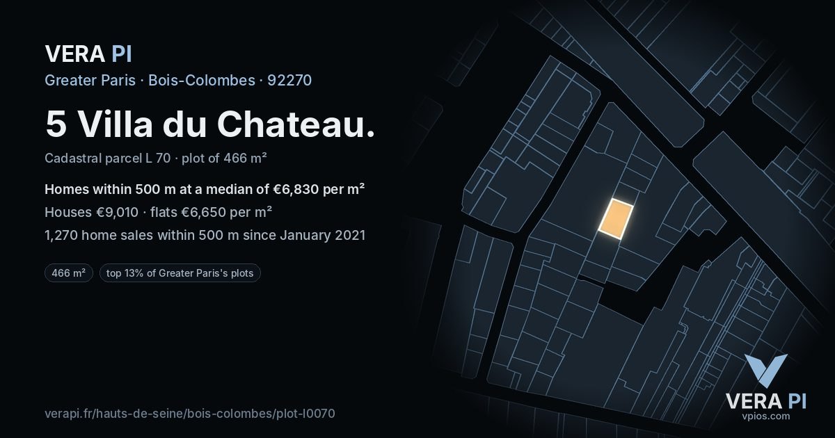 5 Villa du Chateau, Bois-Colombes at night – the plot lit, the parcels around coloured by the prices near them