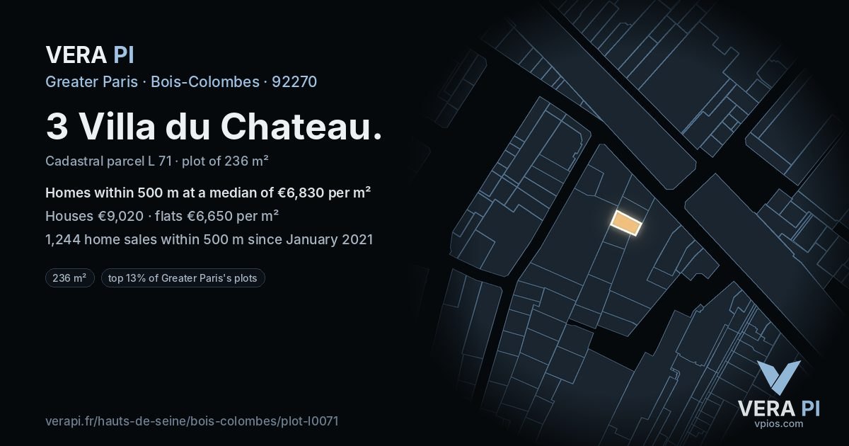 3 Villa du Chateau, Bois-Colombes at night – the plot lit, the parcels around coloured by the prices near them