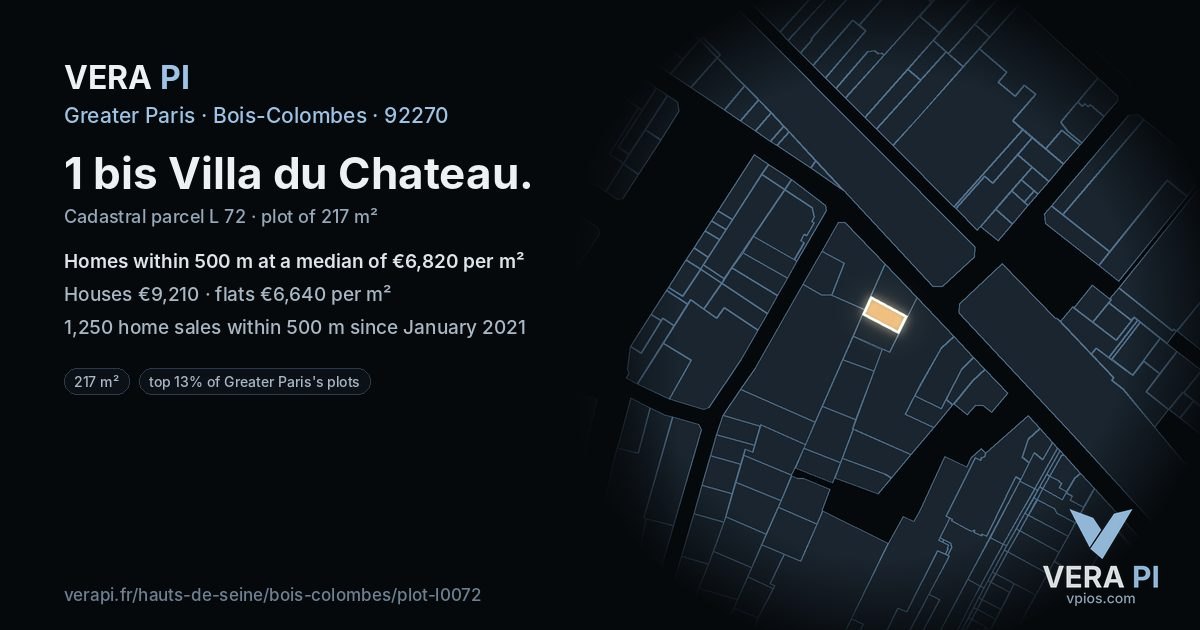 1 bis Villa du Chateau, Bois-Colombes at night – the plot lit, the parcels around coloured by the prices near them