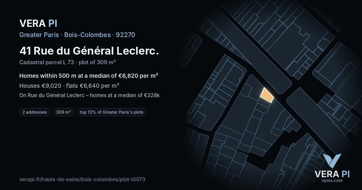 41 Rue du Général Leclerc, Bois-Colombes at night – the plot lit, the parcels around coloured by the prices near them