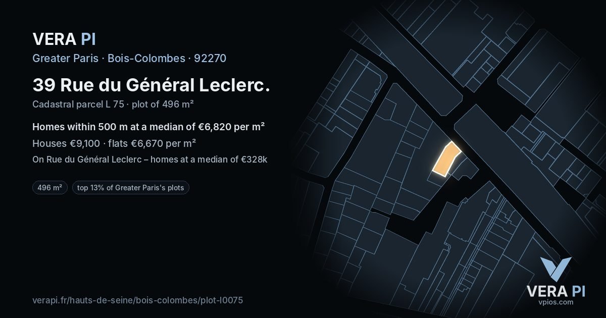 39 Rue du Général Leclerc, Bois-Colombes at night – the plot lit, the parcels around coloured by the prices near them