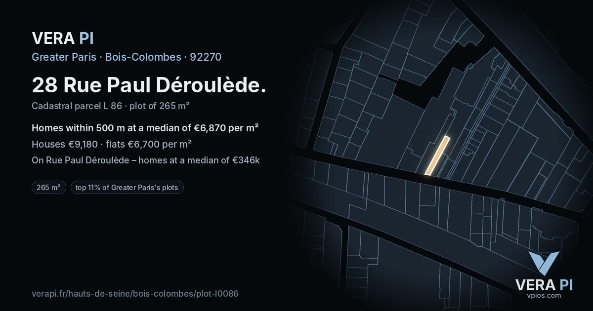 28 Rue Paul Déroulède, Bois-Colombes at night – the plot lit, the parcels around coloured by the prices near them