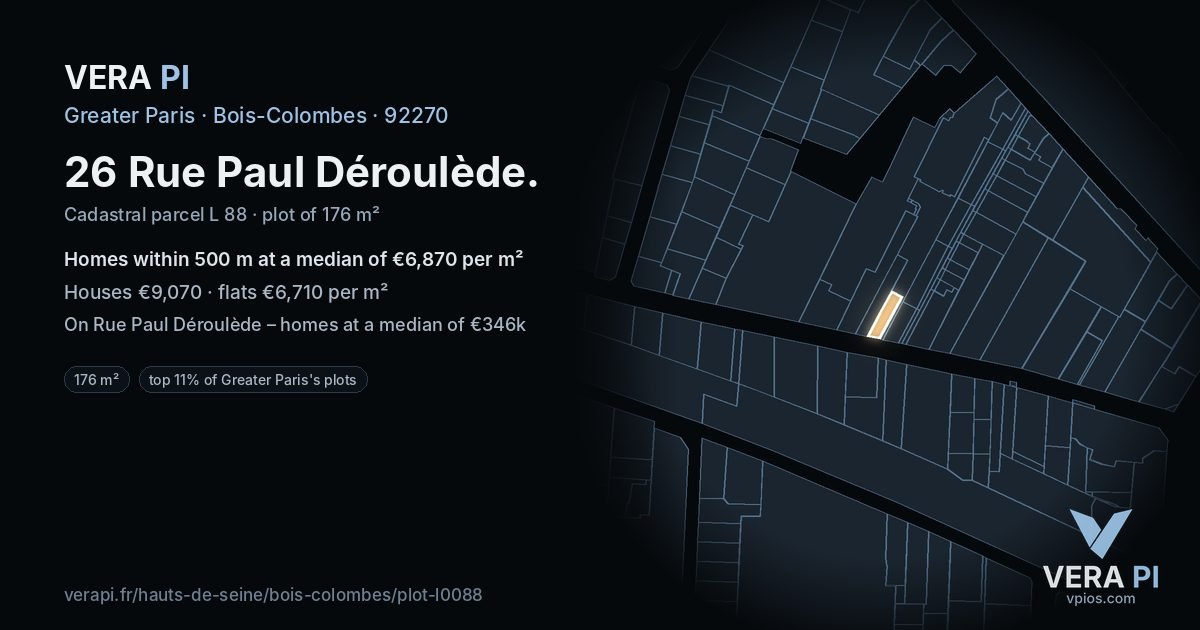 26 Rue Paul Déroulède, Bois-Colombes at night – the plot lit, the parcels around coloured by the prices near them