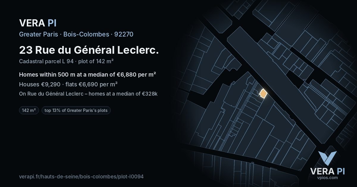 23 Rue du Général Leclerc, Bois-Colombes at night – the plot lit, the parcels around coloured by the prices near them
