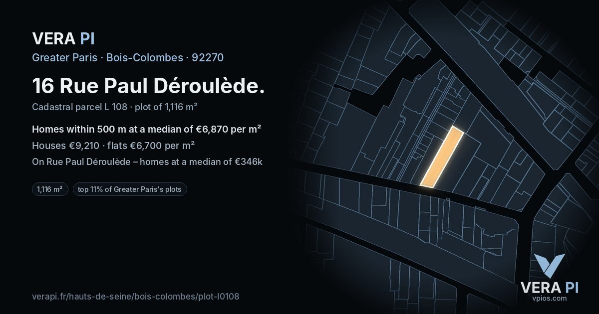 16 Rue Paul Déroulède, Bois-Colombes at night – the plot lit, the parcels around coloured by the prices near them