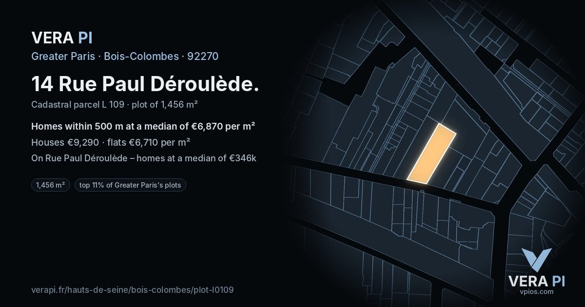 14 Rue Paul Déroulède, Bois-Colombes at night – the plot lit, the parcels around coloured by the prices near them