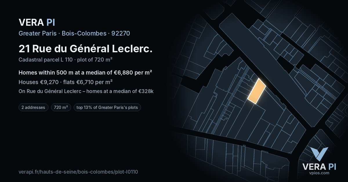 21 Rue du Général Leclerc, Bois-Colombes at night – the plot lit, the parcels around coloured by the prices near them