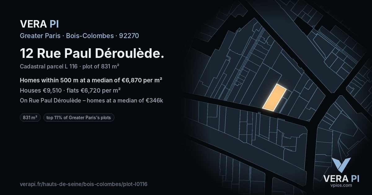 12 Rue Paul Déroulède, Bois-Colombes at night – the plot lit, the parcels around coloured by the prices near them