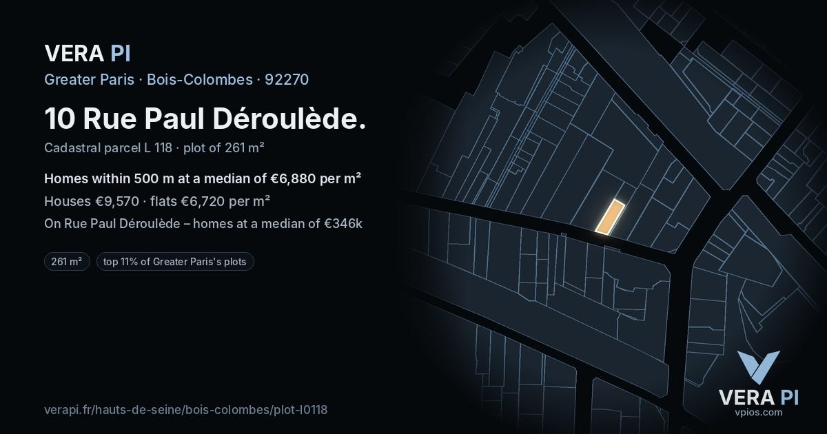 10 Rue Paul Déroulède, Bois-Colombes at night – the plot lit, the parcels around coloured by the prices near them