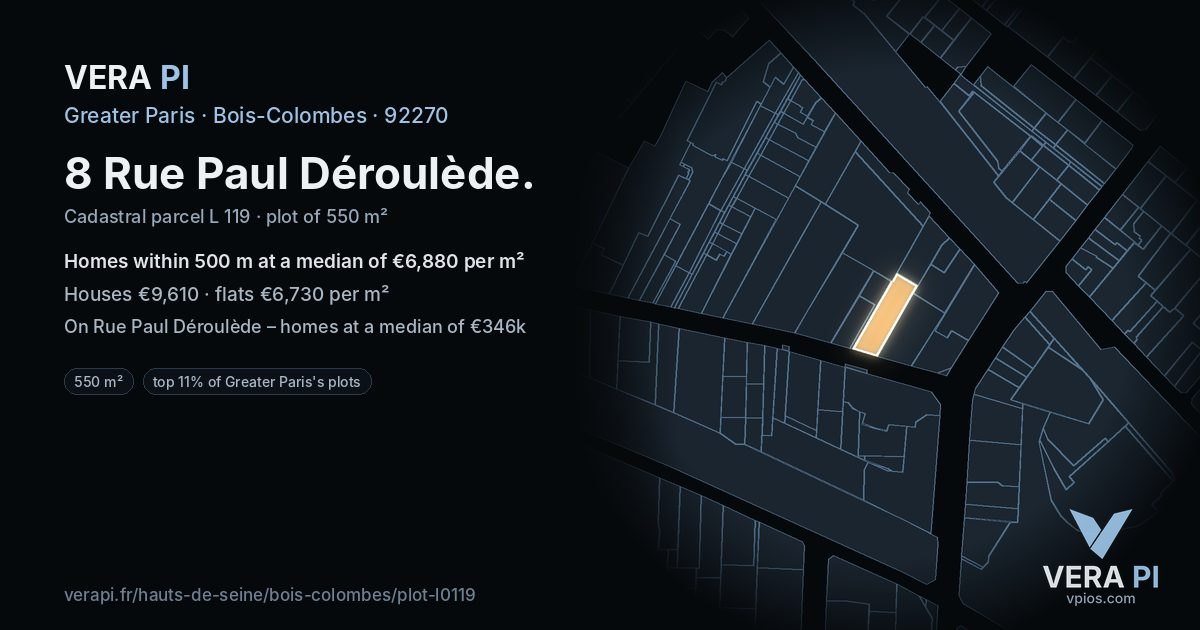 8 Rue Paul Déroulède, Bois-Colombes at night – the plot lit, the parcels around coloured by the prices near them