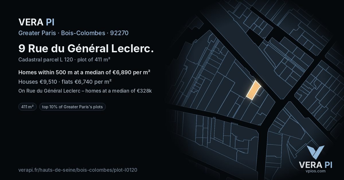 9 Rue du Général Leclerc, Bois-Colombes at night – the plot lit, the parcels around coloured by the prices near them