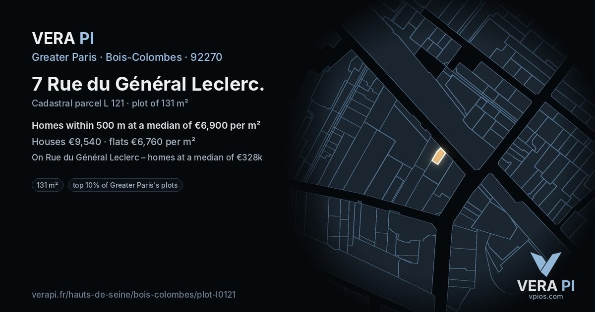 7 Rue du Général Leclerc, Bois-Colombes at night – the plot lit, the parcels around coloured by the prices near them
