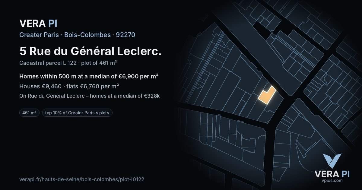 5 Rue du Général Leclerc, Bois-Colombes at night – the plot lit, the parcels around coloured by the prices near them