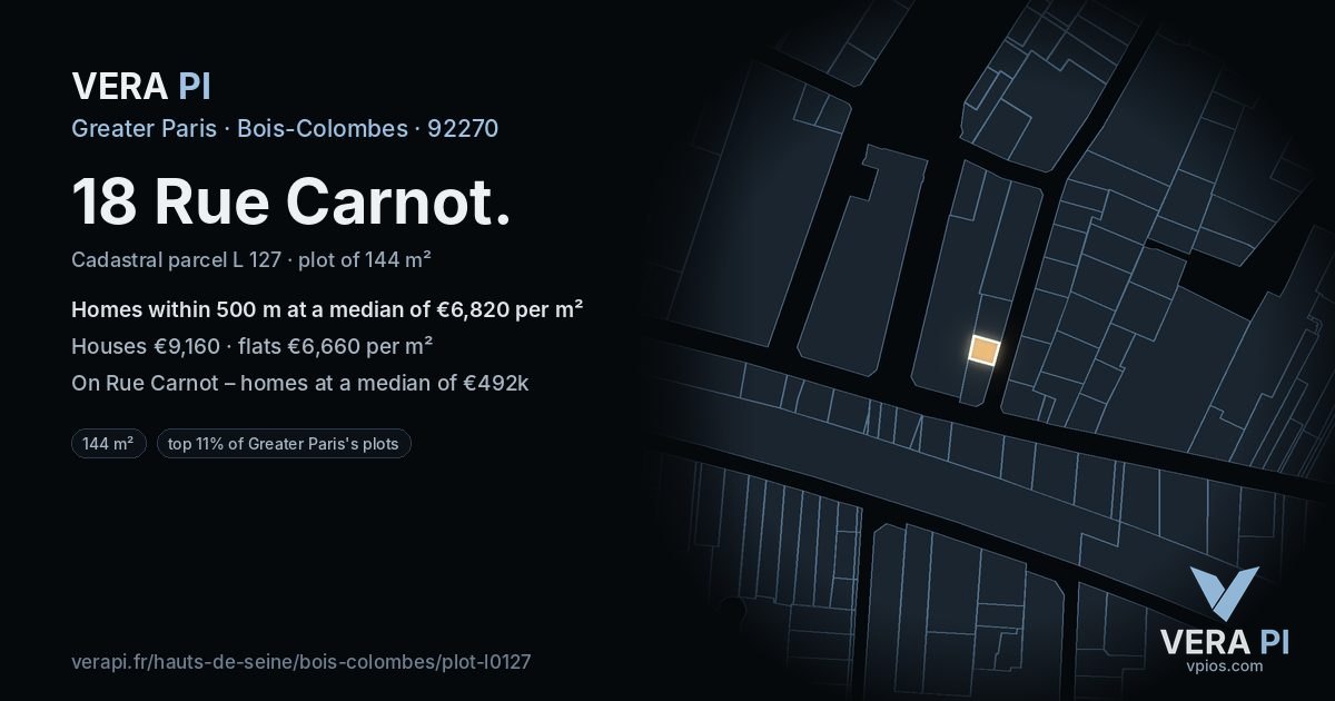 18 Rue Carnot, Bois-Colombes at night – the plot lit, the parcels around coloured by the prices near them
