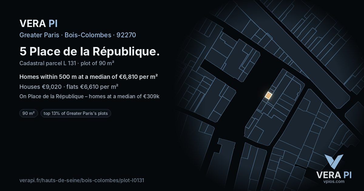 5 Place de la République, Bois-Colombes at night – the plot lit, the parcels around coloured by the prices near them