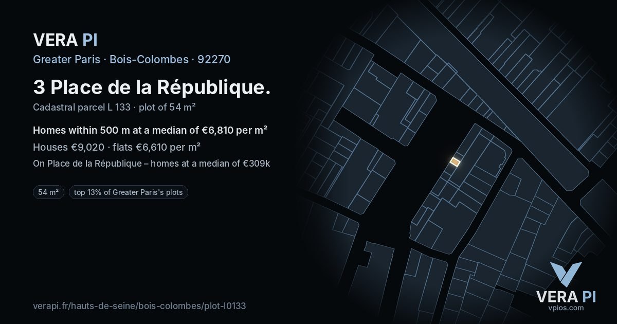 3 Place de la République, Bois-Colombes at night – the plot lit, the parcels around coloured by the prices near them