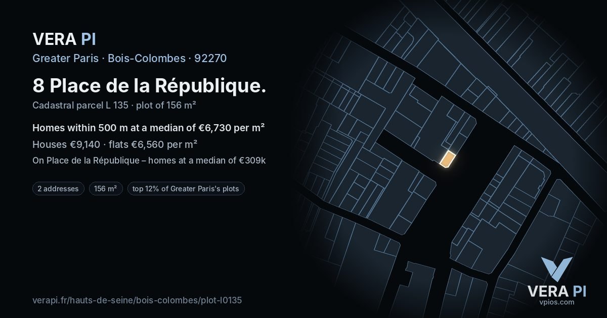 8 Place de la République, Bois-Colombes at night – the plot lit, the parcels around coloured by the prices near them