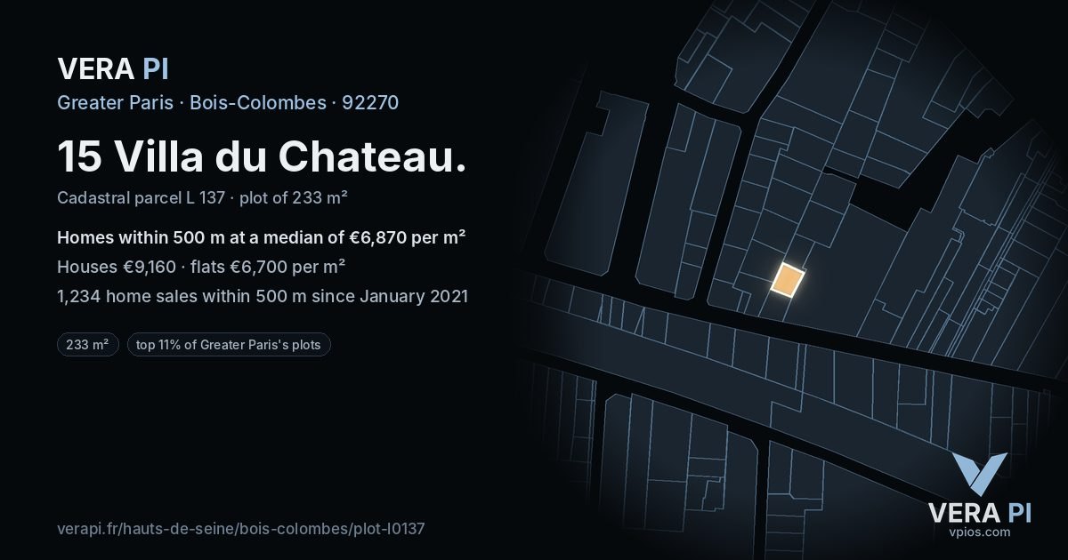 15 Villa du Chateau, Bois-Colombes at night – the plot lit, the parcels around coloured by the prices near them