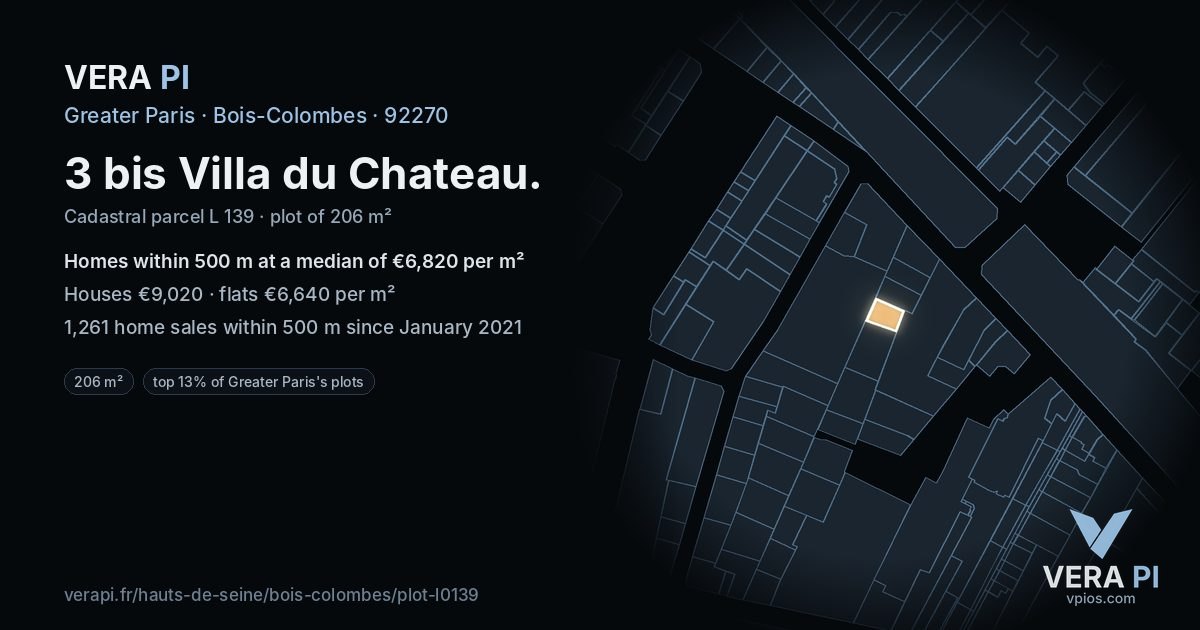 3 bis Villa du Chateau, Bois-Colombes at night – the plot lit, the parcels around coloured by the prices near them