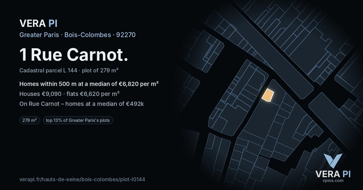 1 Rue Carnot, Bois-Colombes at night – the plot lit, the parcels around coloured by the prices near them