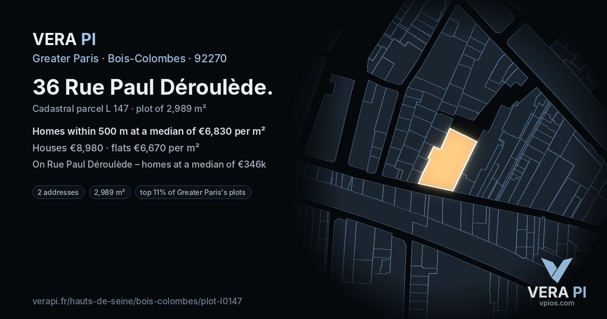 36 Rue Paul Déroulède, Bois-Colombes at night – the plot lit, the parcels around coloured by the prices near them