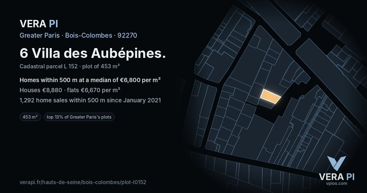 6 Villa des Aubépines, Bois-Colombes at night – the plot lit, the parcels around coloured by the prices near them