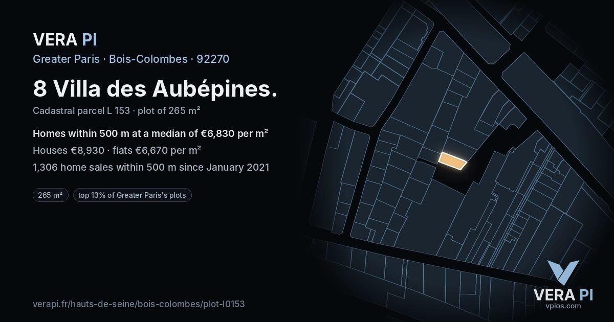 8 Villa des Aubépines, Bois-Colombes at night – the plot lit, the parcels around coloured by the prices near them