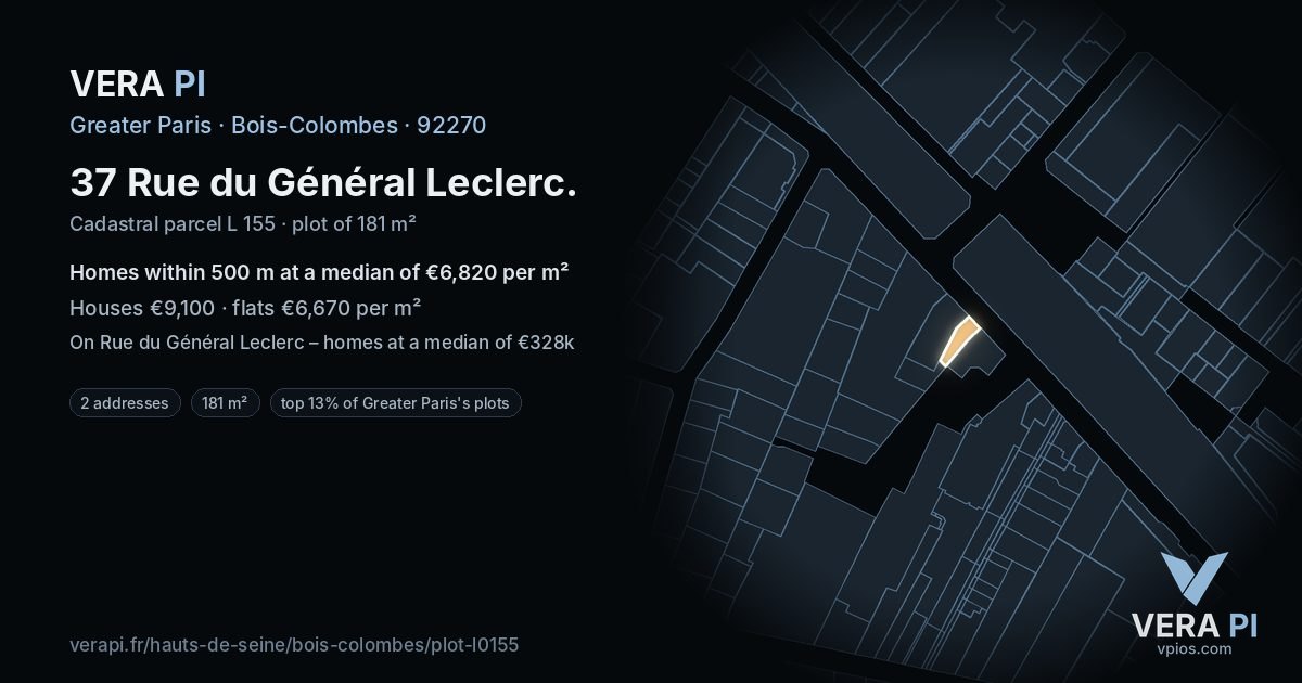 37 Rue du Général Leclerc, Bois-Colombes at night – the plot lit, the parcels around coloured by the prices near them