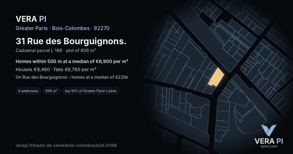 31 Rue des Bourguignons, Bois-Colombes at night – the plot lit, the parcels around coloured by the prices near them