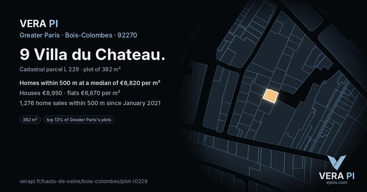 9 Villa du Chateau, Bois-Colombes at night – the plot lit, the parcels around coloured by the prices near them