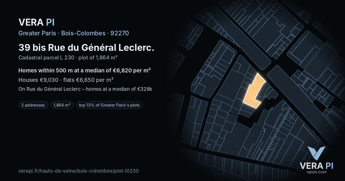 39 bis Rue du Général Leclerc, Bois-Colombes at night – the plot lit, the parcels around coloured by the prices near them