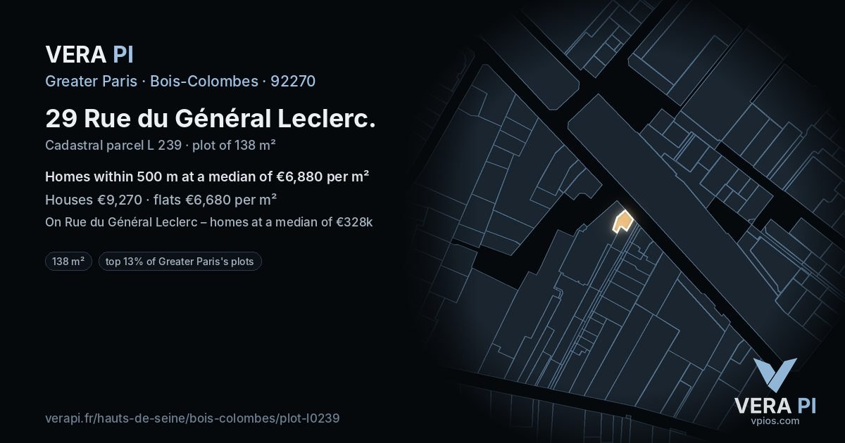 29 Rue du Général Leclerc, Bois-Colombes at night – the plot lit, the parcels around coloured by the prices near them