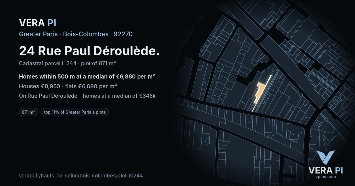 24 Rue Paul Déroulède, Bois-Colombes at night – the plot lit, the parcels around coloured by the prices near them