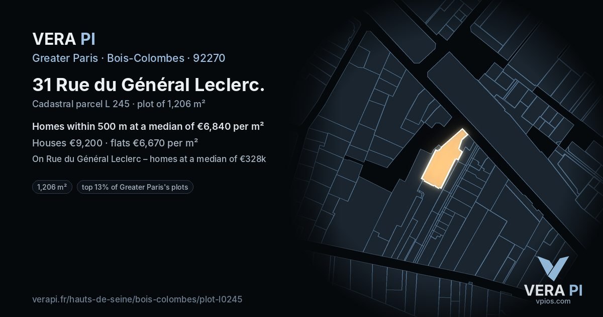 31 Rue du Général Leclerc, Bois-Colombes at night – the plot lit, the parcels around coloured by the prices near them