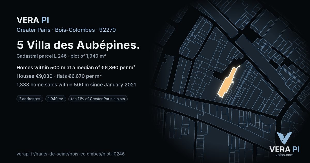 5 Villa des Aubépines, Bois-Colombes at night – the plot lit, the parcels around coloured by the prices near them