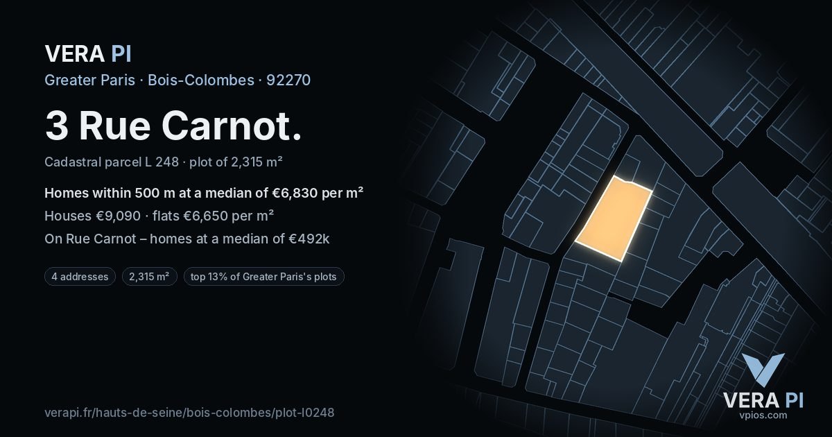 3 Rue Carnot, Bois-Colombes at night – the plot lit, the parcels around coloured by the prices near them