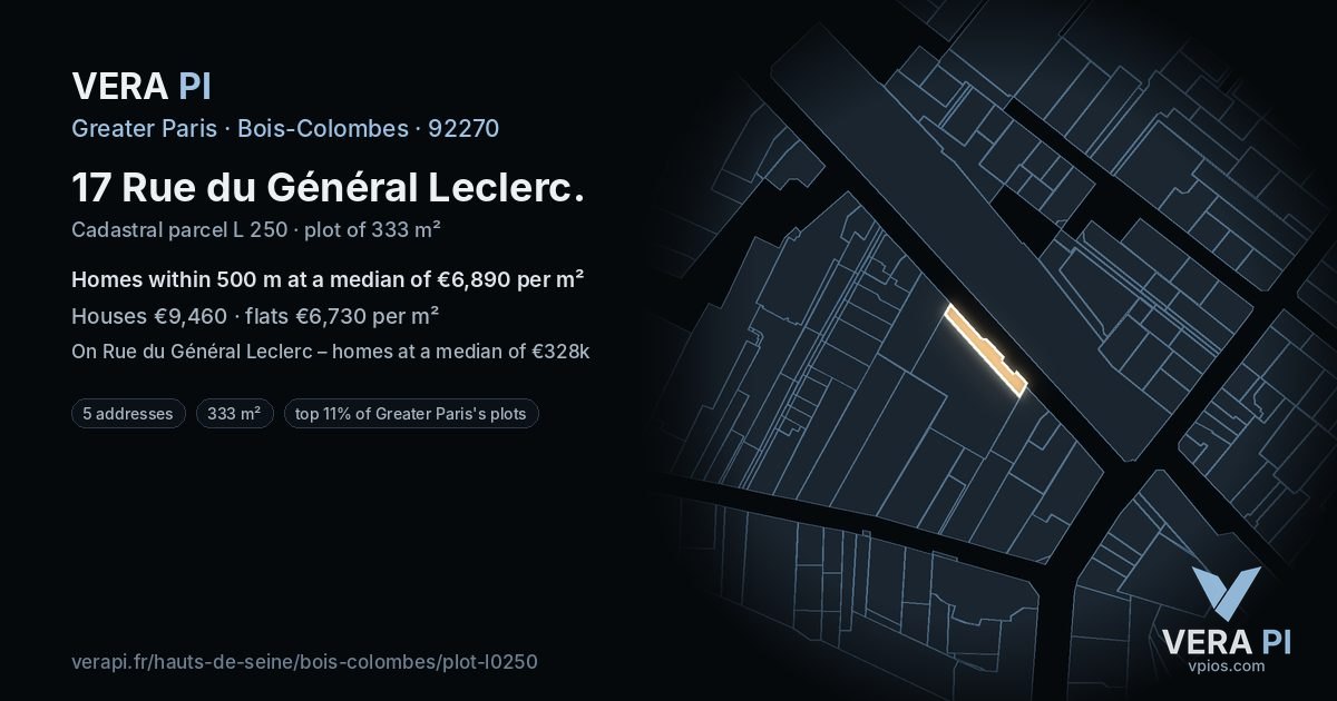 17 Rue du Général Leclerc, Bois-Colombes at night – the plot lit, the parcels around coloured by the prices near them