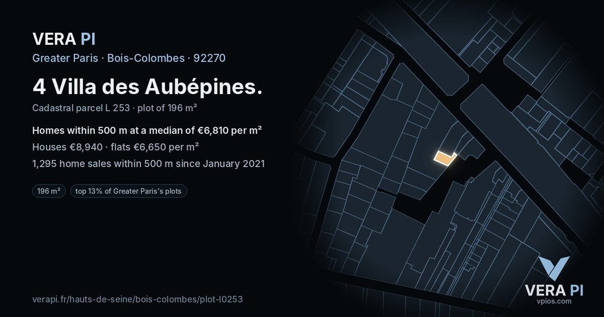 4 Villa des Aubépines, Bois-Colombes at night – the plot lit, the parcels around coloured by the prices near them
