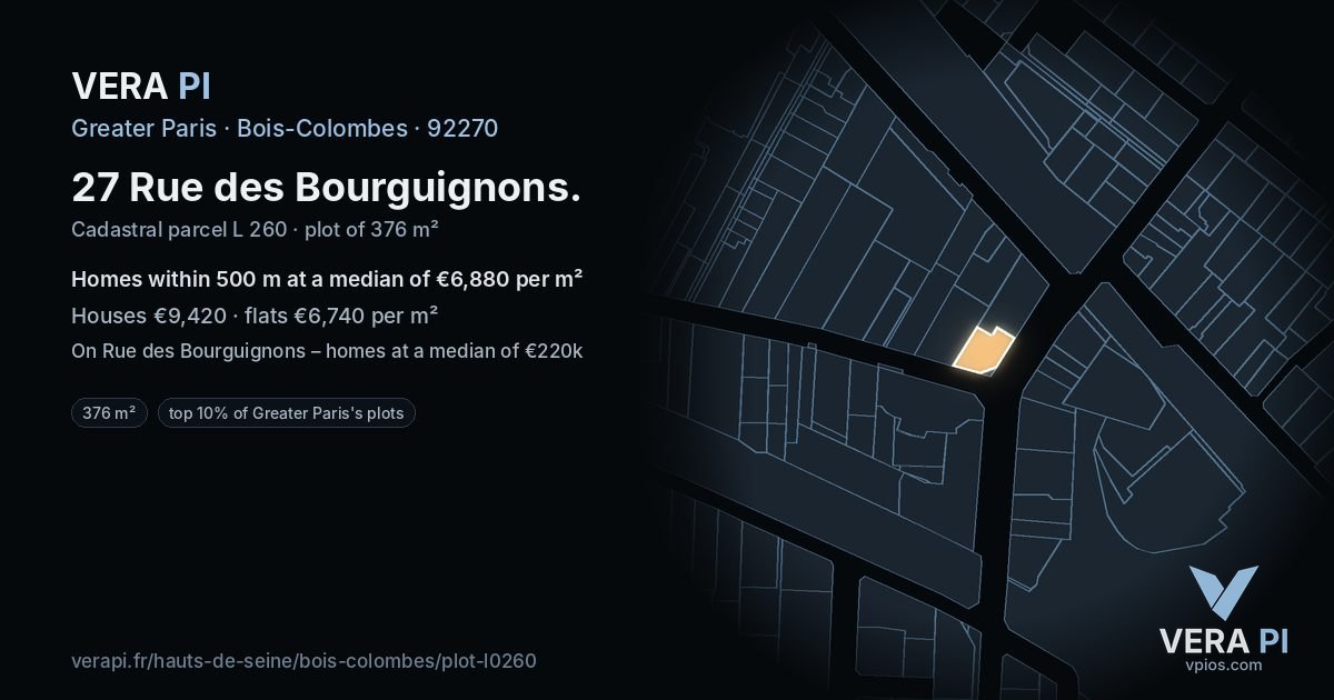 27 Rue des Bourguignons, Bois-Colombes at night – the plot lit, the parcels around coloured by the prices near them