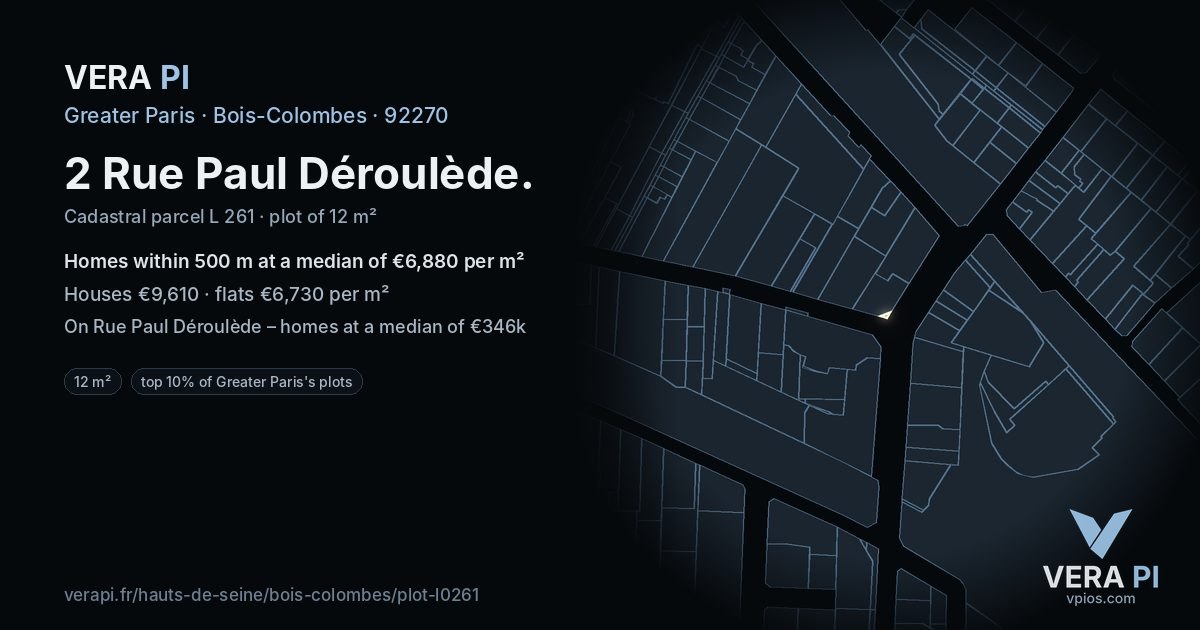 2 Rue Paul Déroulède, Bois-Colombes at night – the plot lit, the parcels around coloured by the prices near them