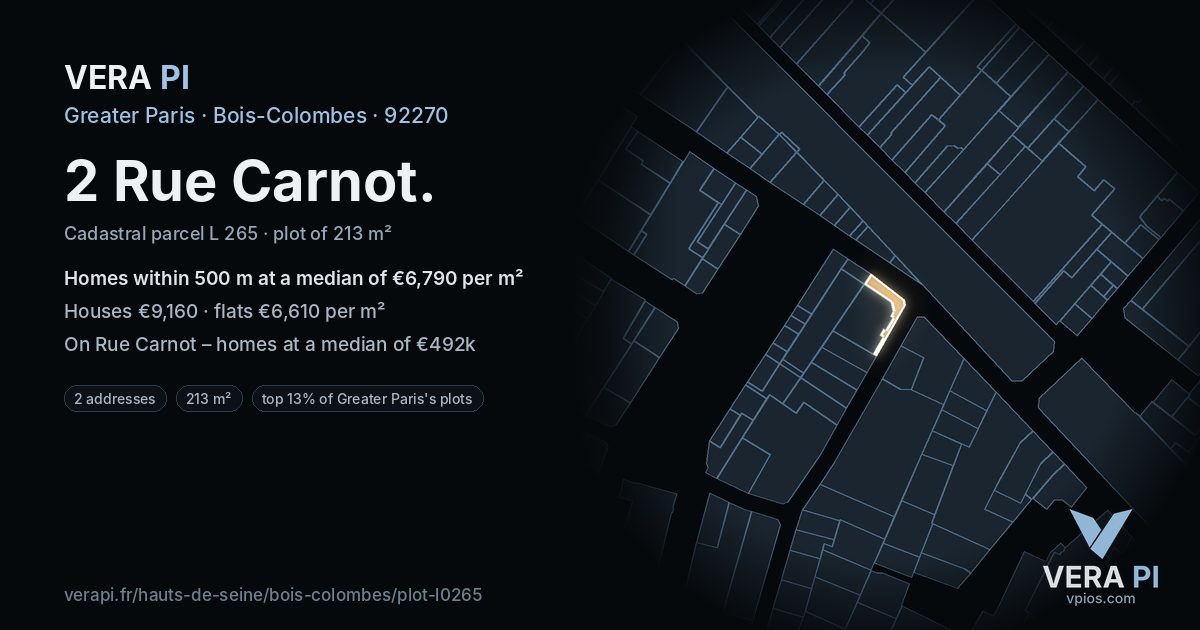 2 Rue Carnot, Bois-Colombes at night – the plot lit, the parcels around coloured by the prices near them