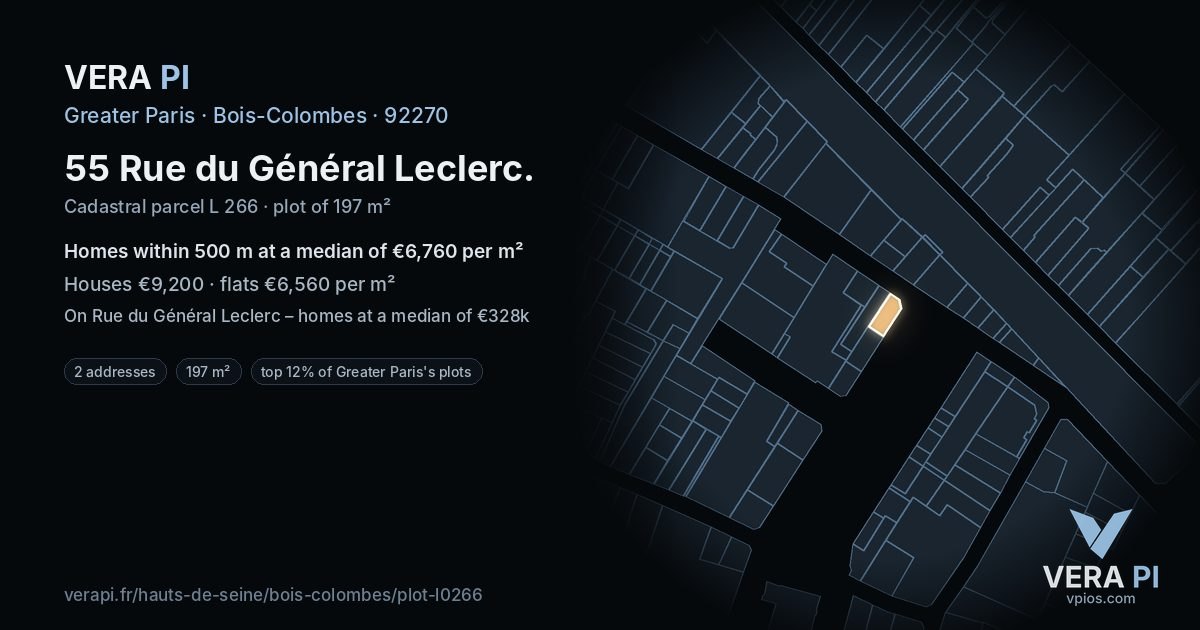 55 Rue du Général Leclerc, Bois-Colombes at night – the plot lit, the parcels around coloured by the prices near them